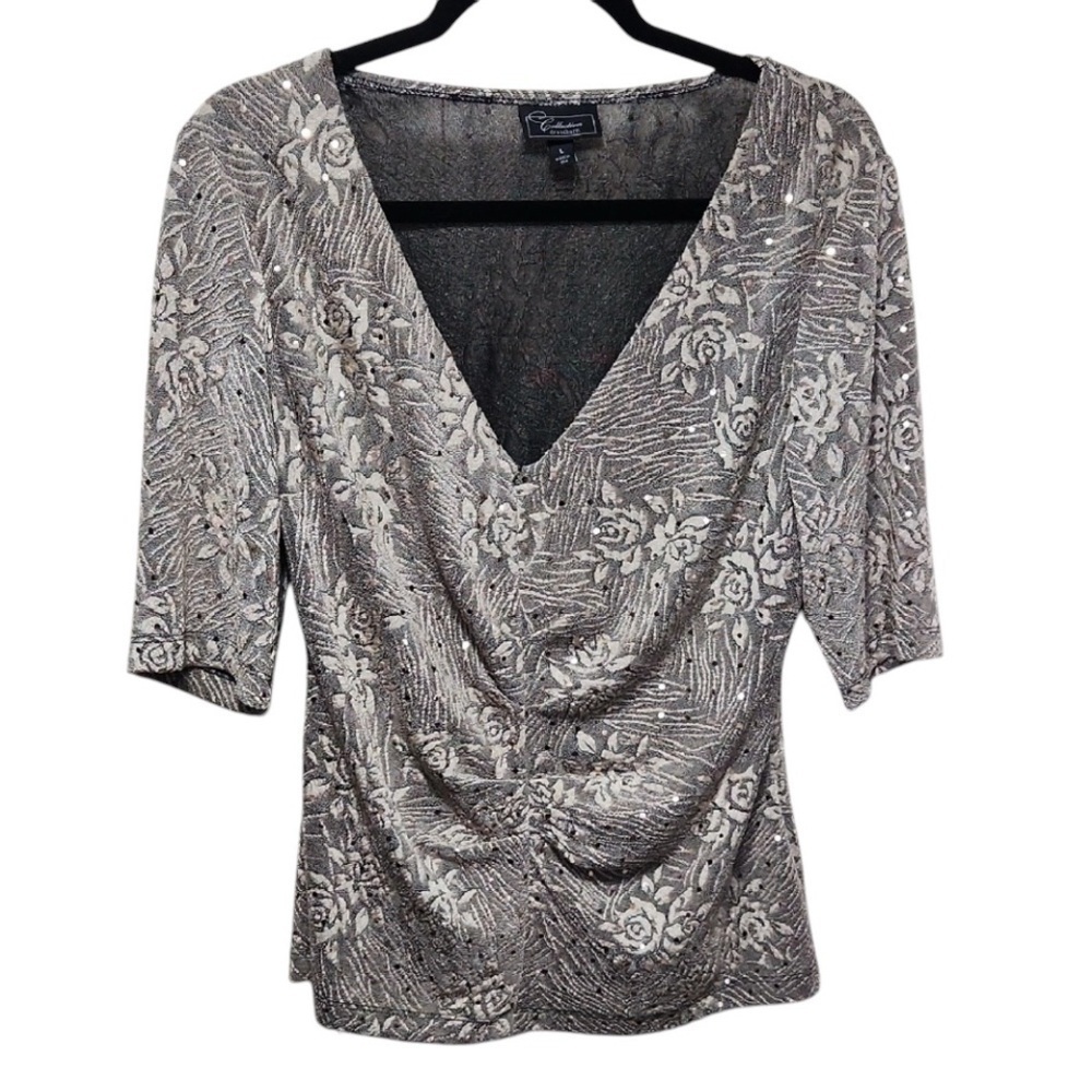 Dress Barn Silver Gray with Floral design V-Neck Sequined Blouse size Large